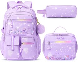 Schooltas - Schooltas meisje - Schoolrugzak - Schoolrugzak meisje - Met lunchtas en etui - Waterdichte rugzak 30-35 L voor basisschool en middelbare school - 3-delige schoolrugzak set - 45 x 32 x 18 cm - Paars