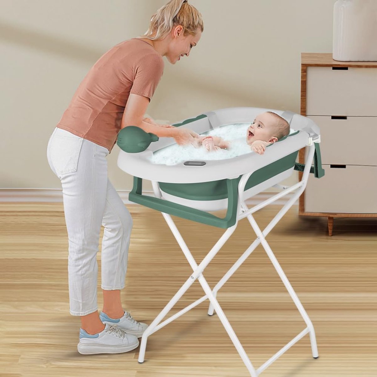 QORA® baby badje met standaard - baby badje - babybadje met standaard - ThermoplastiQORA elastomeer -Groen- 55cm x 40cm x 91cm