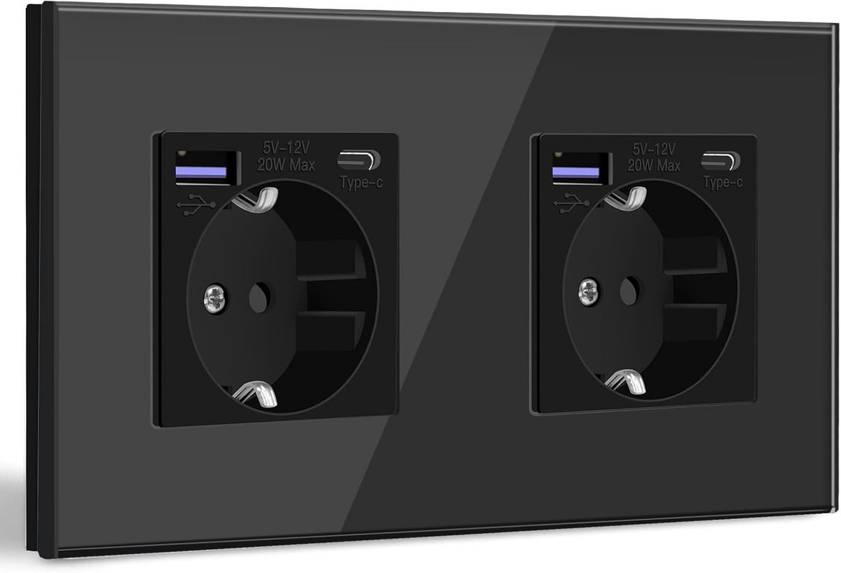 Schuko Stopcontact met USB C 20W Snellader USB Type C Wandstopcontact met Glas Paneel, 2 Voudig Stopcontact, USB Stopcontact Inbouw, Geschikt voor iPhone, iPad, Galaxy enz.-Zwart