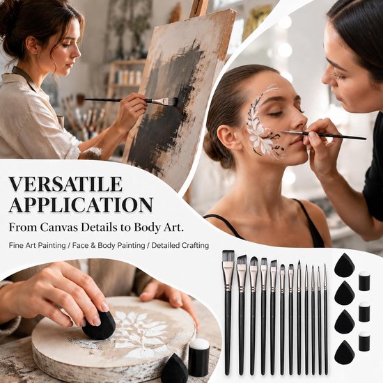 Penselen Penselenset 12 stuks, geen haarverlies, zacht voor de huid, voor facepainting en bodypainting, 12 maten voor acryl, met spons vingerstempels, zwart — afbeelding 5