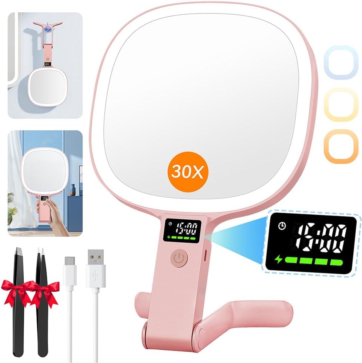 Vergrootspiegel met licht, dubbelzijdig 30X/1X, led-display, make-upspiegel, 2500mAh batterij, 3 kleuren, handheld tafelblad, hangend met 2 pincetten voor reizen, kantoren, slaapkamer, roze