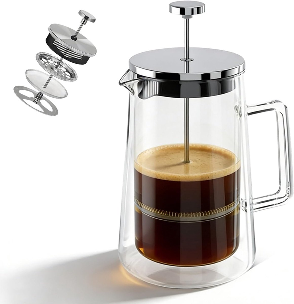 French Press 1 liter, potten van roestvrij staal en glas met dubbelwandige isolatie, hittebestendige koffiepot voor perfecte koffie, thee, cold brew, ideaal voor kantoor, thuis