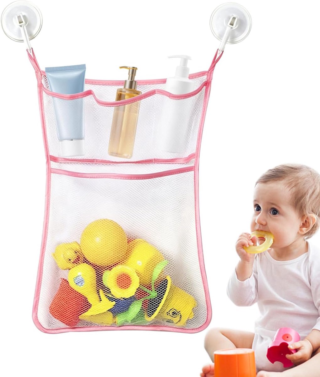 Speelgoed Opbergnet met Zuignappen, Mesh Organiser voor Badje, Sneldrogende Opbergtas voor Kinderspeelgoed, Roze