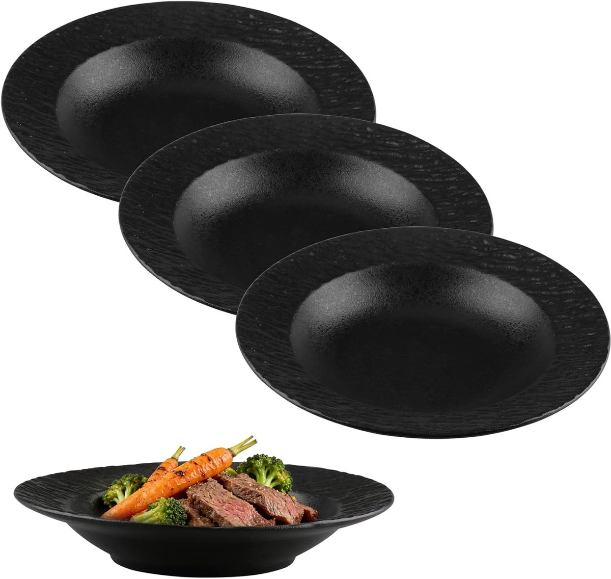 4 stuks pastaborden, zwart, serveerdienbladen, porselein | Diepe borden, 20 x 4 cm, voor noedels, salades, steaks
