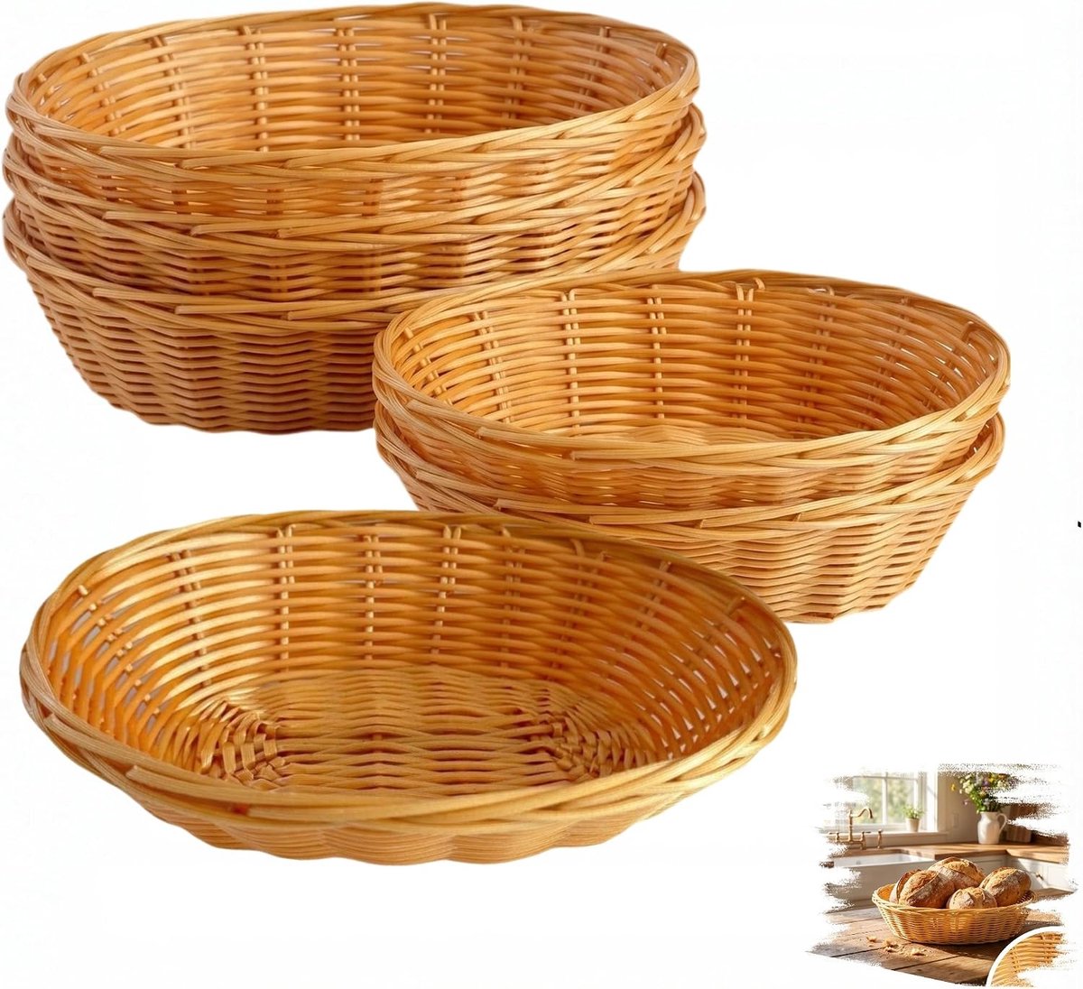 Broodmand, gevlochten, 6 stuks, broodmand, 22 x 17 x 6 cm, rieten mand voor het serveren van gebak, fruit, snacks en groenten, bruin