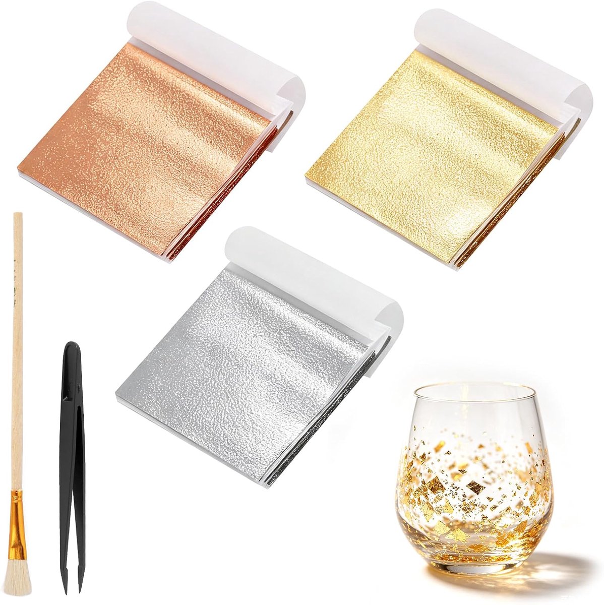 300 vellen goudfolie om te knutselen, imitatie goudpapier om te knutselen, bladzilver met kwast en pincet, goudblad voor doe-het-zelf knutseldecoratie (goud, zilver, roségoud)