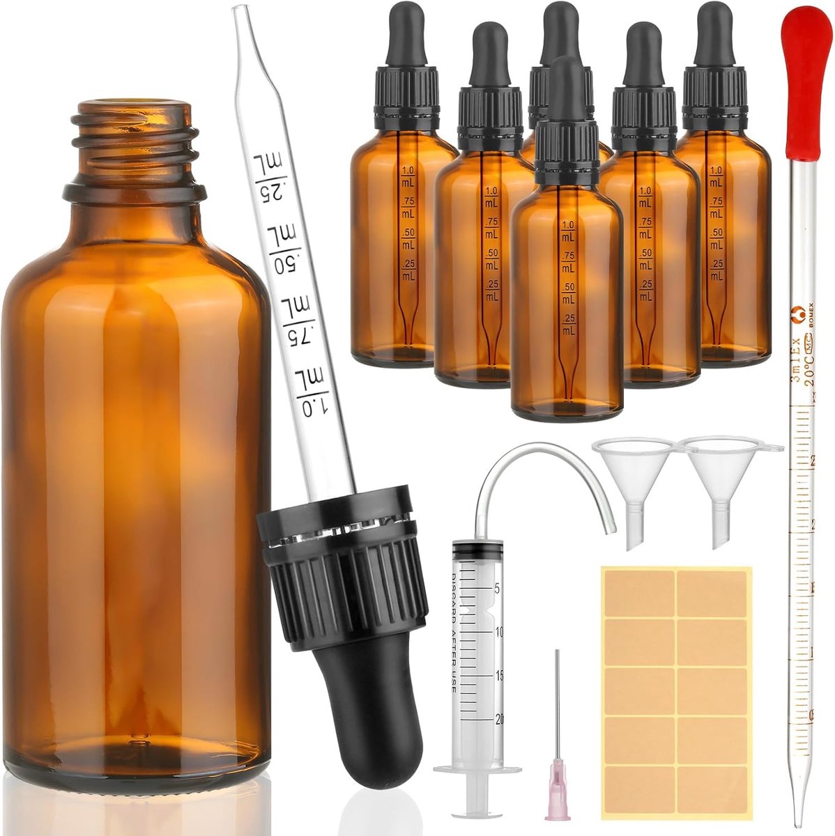 modacraft 6 stuks 50 ml pipetfles met hulpaccessoires, fles met pipet bruine glazen fles apothekersfles druppelfles voor vloeistof, etherische olie, parfumolie, aromatherapie, vloeibare kleurstoffen