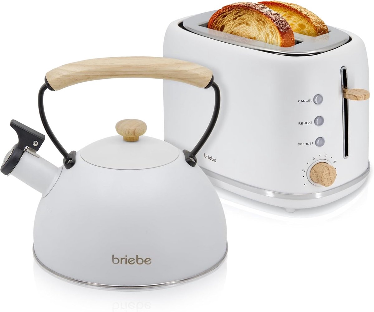 SnelShoppen - Toaster en Waterkoker Set 2 Sleuven, 6 Toastniveaus + Inductie Waterkoker 2.3L, Fluitketel, RVS, BPA-vrij, Ontbijt Set Scandinavisch Des