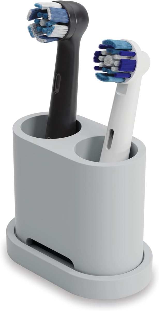 - Houder voor 2 opzetborstels en tandenborstels - Compatibel met Oral-B, iO, Philips Sonicare, Waterpik, Fairywill - Voedselveilige siliconen (Grijs)
