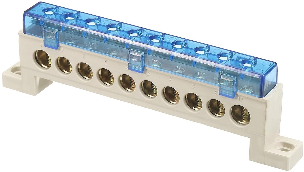 Aardingsstrip met klem, 10 posities klemlijst van messing met schroef, aardblok 9 x 14 mm voor elektrische apparaten, verdeelkast, blauw