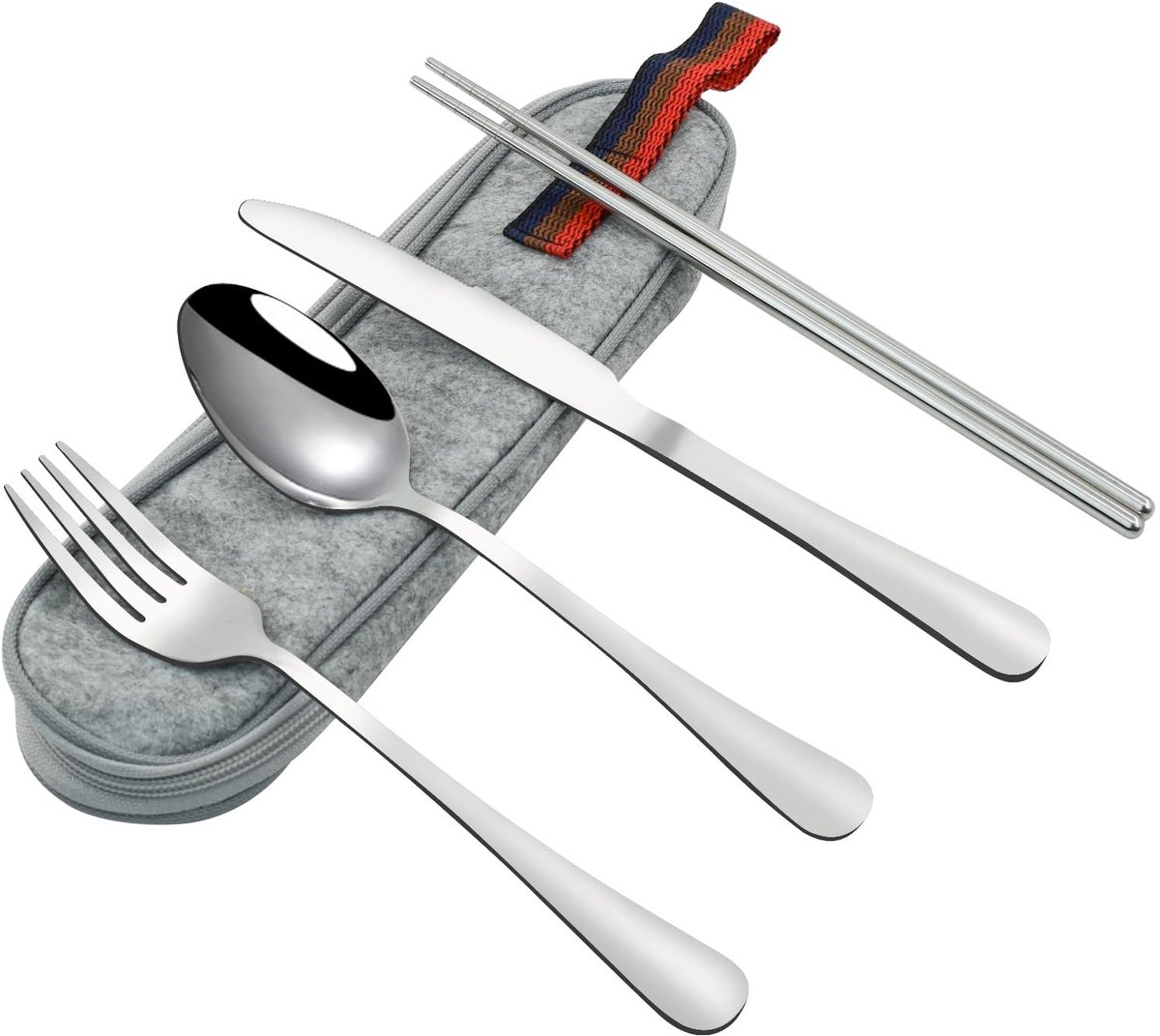 Dailygoods - VANRA Draagbaar reisbestek, set met koffer, 4-delig, roestvrij staal, campingbestekset, herbruikbare bestekset voor werk, vork, lepels, messen, staafjes voor lunchbox, school, picknick (zilver)