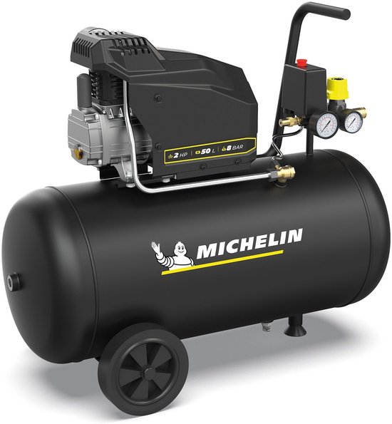 Zwarte Michelin compressor met 50L tank, 8 bar, 2.0 pk, gele Michelin logo en een handvat.