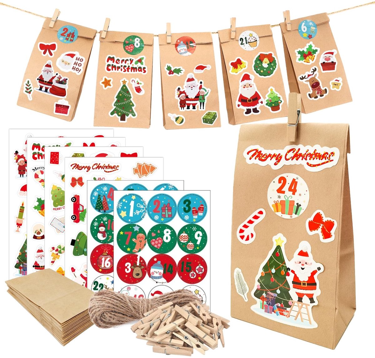 Solidchoice - 24 stuks adventskalender om te vullen, kerstadventskalenderzakjes met etiket, klemmen en touwen voor zoete koekjes, 18 x 9 x 5,5 cm