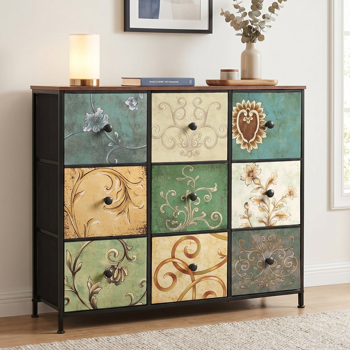 Ladekast met 9 stoffen lades - 100x30x86.5 cm - Opbergkast - metalen frame - houten blad - Vintage Stijl - Veelkleurig