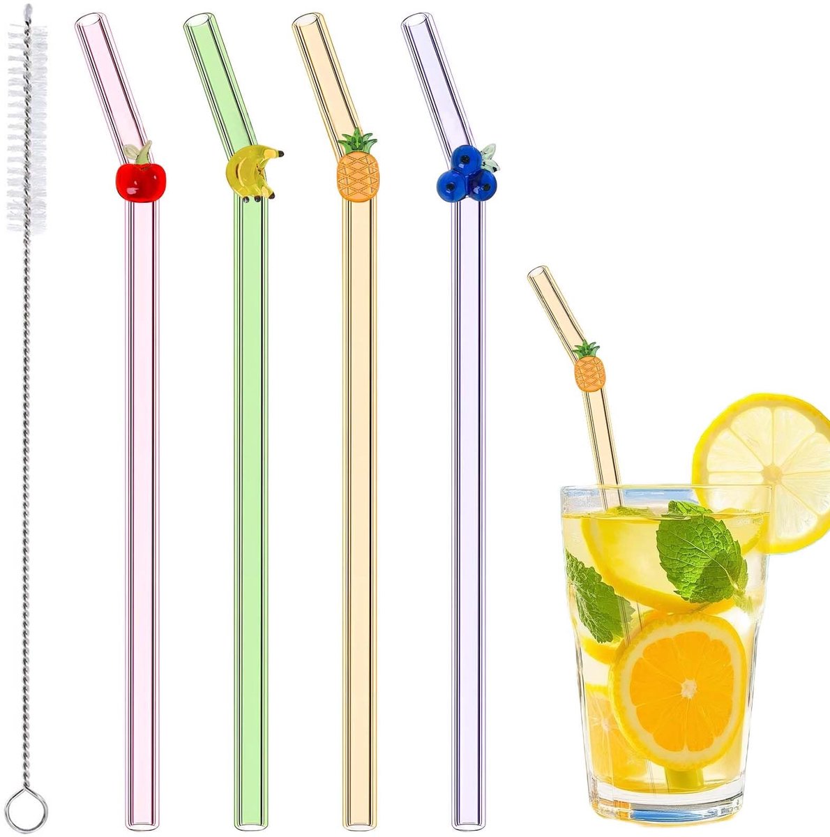 Dailygoods- Glazen Rietjes 4 Stuks - Gekleurde Rietjes - Herbruikbare Rietjes - Vaatwasmachinebestendig - Inclusief Reinigingsborstel - Borosilicaatglas