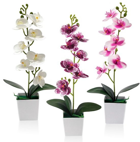 Dailygoods- Kunstorchideeën 3 Stuks - Kunstbloemen in Pot - 43 cm - Phalaenopsis - Tafeldecoratie - Woondecoratie - Nepplant