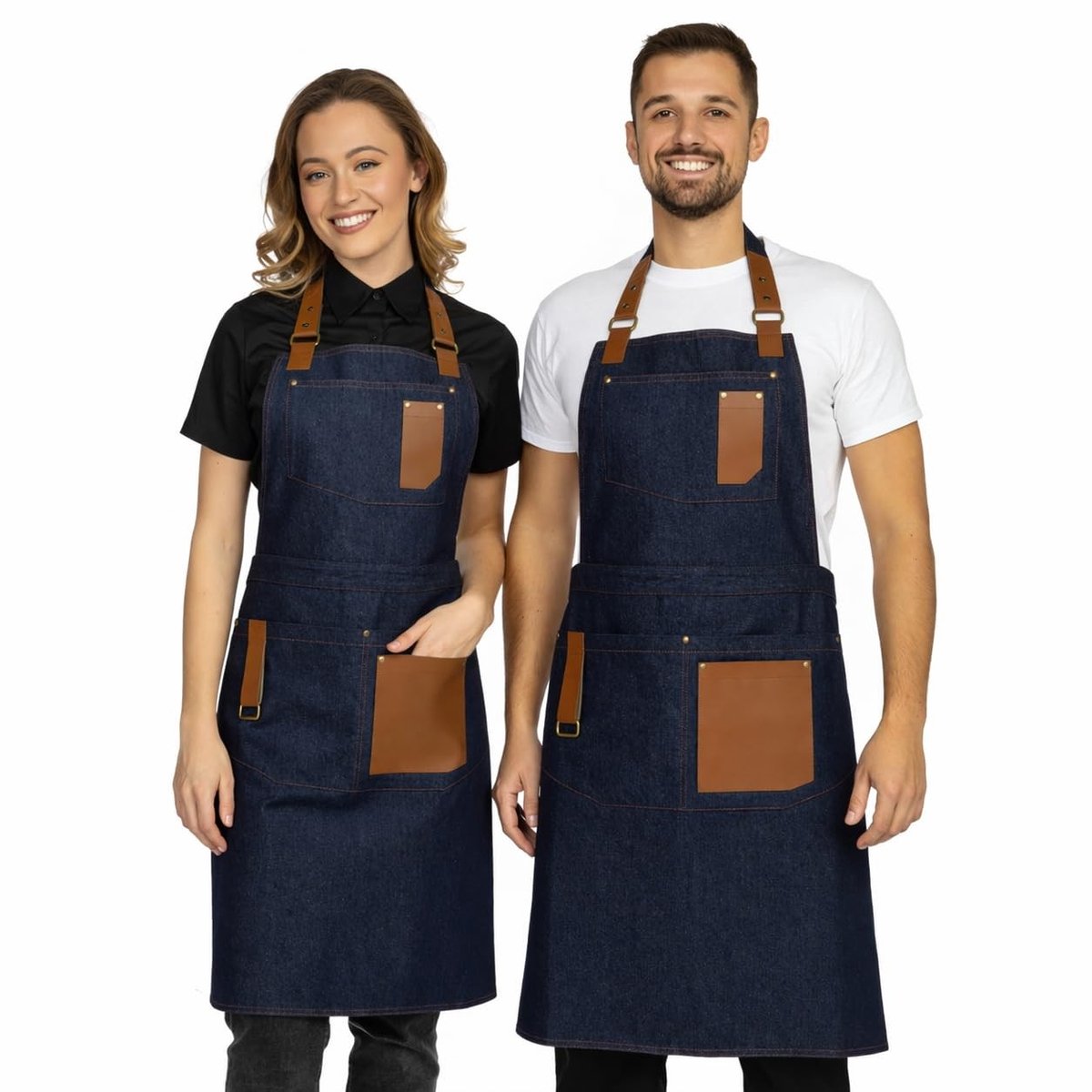 Dailygoods- Kookschort met zakken - Verstelbaar - Eco-leer details - 100% katoen - Geschikt voor horeca - Ideaal voor barista's - Keukenschort