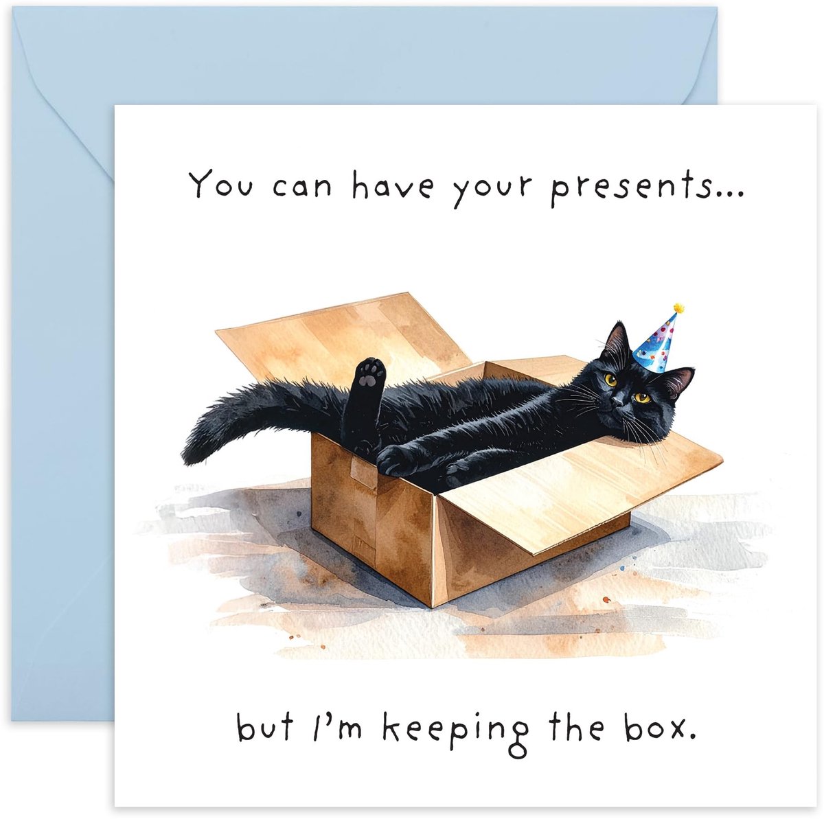 Dailygoods- Verjaardagskaart Grappig - Zwarte Kat in Doos met Feesthoed - Cadeaus voor Hem/Haar - Voor Kattenliefhebbers - Schattige Grappen - Met Envelop - Wenskaart