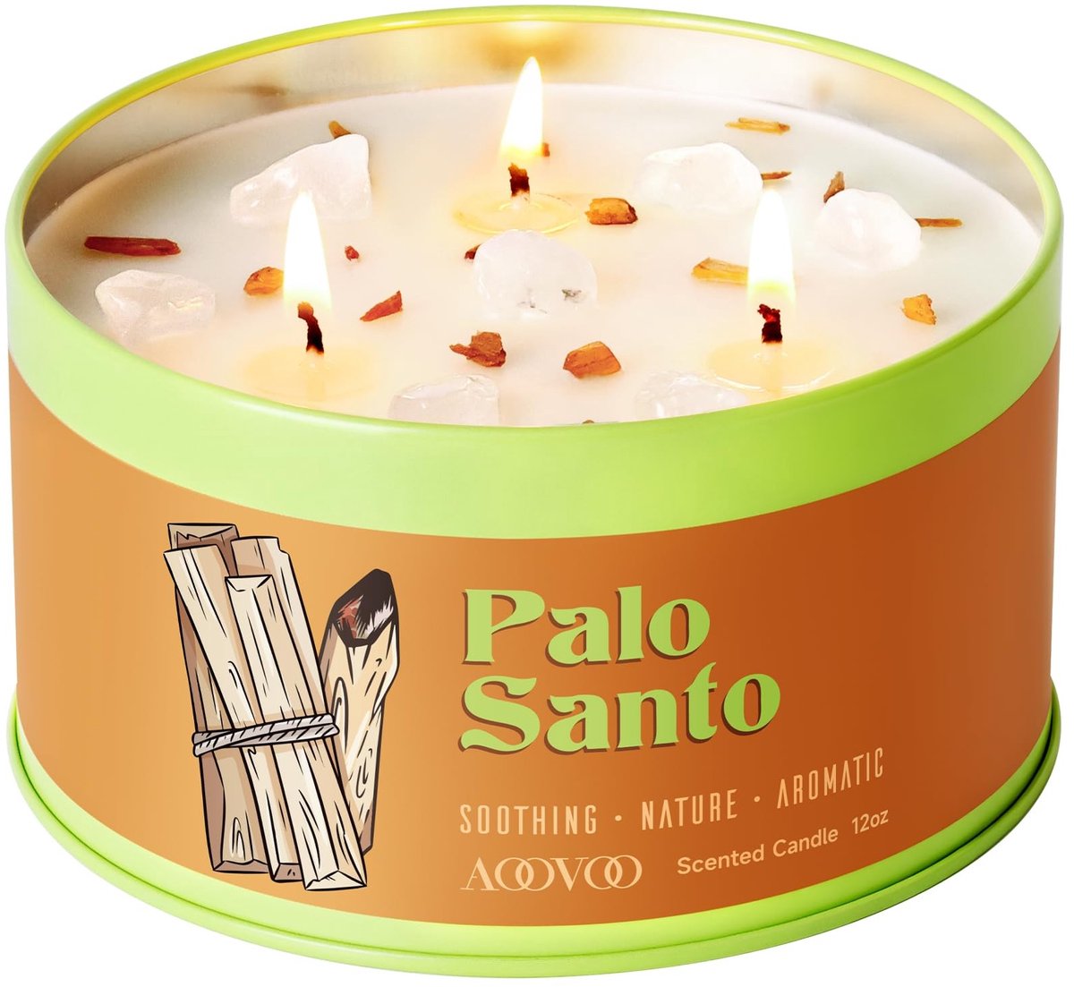 Dailygoods- Geurkaars 3-lont - Palo Santo - Aromatherapie - Meditatie - Spirituele Genezing - Decoratief met Witte Kristallen - Aromatherapiekaars