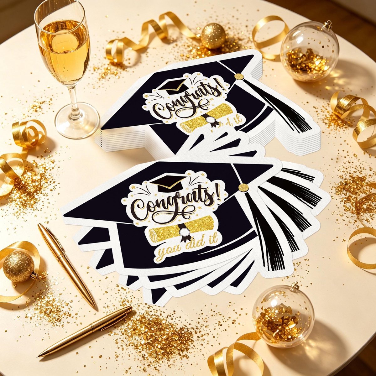 Dailygoods- Servetten Papieren 20 Stuks - Afstudeerhoedje - Zwart-Goud Design - Feestelijke Versiering - Tafeldecoratie - Goudglitter Accenten - Feestservetten