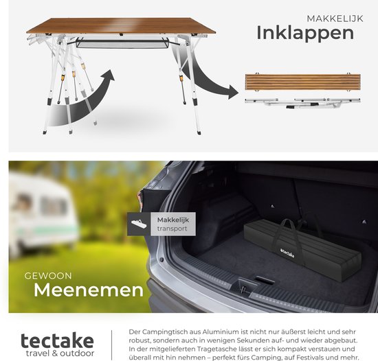 tectake® Campingtafel - 120 x 70,5 x 58 - 79 cm - Klaptafel van Aluminium - Oprolbaar xxl-tafelblad - Vouwtafel - Reistafel - Tuintafel - Weerbestendig - In hoogte verstelbaar - Draagtas - Inklapbaar - Houtlook van Merkloos — afbeelding 4
