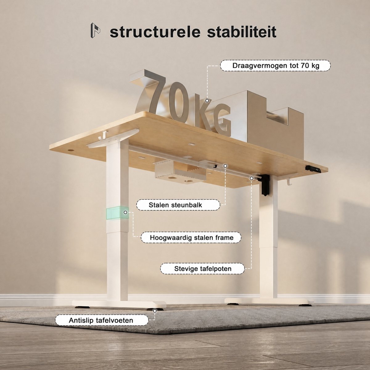 Devoko Elektrisch Zit-Sta Bureau 160x80 cm – 18 mm Dik Tafelblad – 3 Geheugenstanden – USB en Zit-alarm – Kabelmanagement – Wit frame met houtkleurig blad thumbnail 5