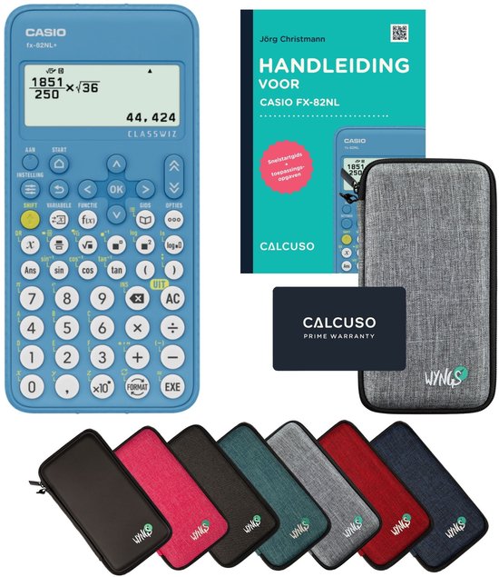 Set met blauwe Casio rekenmachine, beschermhoes, handleiding en garantiekaart.