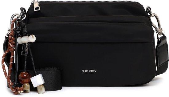 Zwarte Suri Frey handtas met ritsen en decoratieve touw-hanger met kralen.