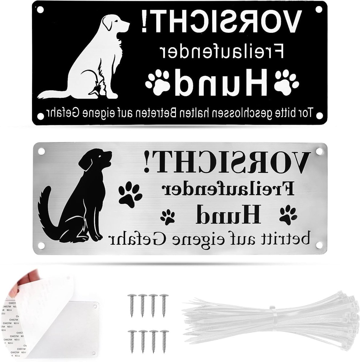 Waarschuwingsborden voor Honden, 2 Stuks, Let Op! Waarschuwingssignalen voor Vrijlopende Honden, Aluminium, Zelfklevend, 25 x 9 cm, Inclusief Bevestigingsmateriaal