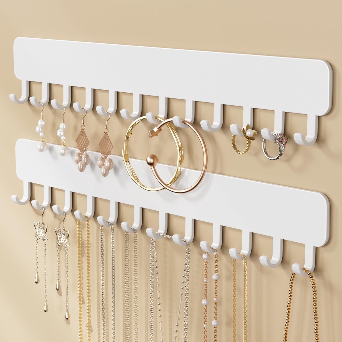 Dailygoods- Sieradenorganizer Wandgemonteerd - Zelfklevende Ophanghouder - 11 Haken - 2 Stuks - Wit - Stijlvolle Kamerdecoratie - Kettinghouder