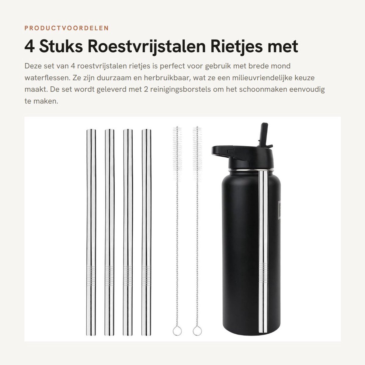 Dailygoods- Rietjes Vervangingsset 4 Stuks - Roestvrij Stalen Rietjes - Rietjes Borstel 2 Stuks - Rietjes voor Fles - Rietjes voor Kamperen - Rietjes 23 cm - Drinkrietjes