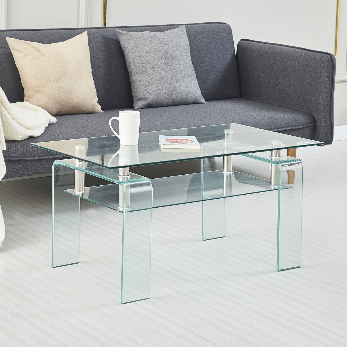 DESMIU Salontafel - Twee Lagen Gehard Glas Met Metalen Frame - Modern Voor Woonkamer, Appartement Of Kantoor - Glas En Metaal - 100x55x45 Cm - Transparant