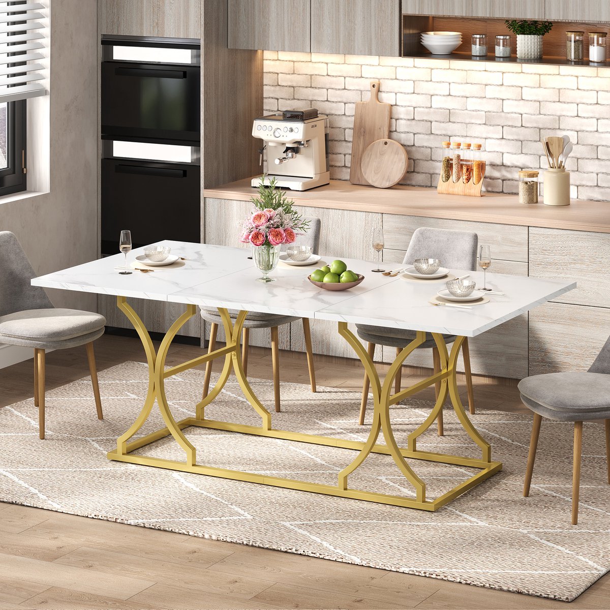 DESMIU Eettafel - Moderne Marmerlook Met Gouden Metalen Poten - Voor Eetkamer En Woonkamer - MDF - Wit Goud - 200x80x76 Cm