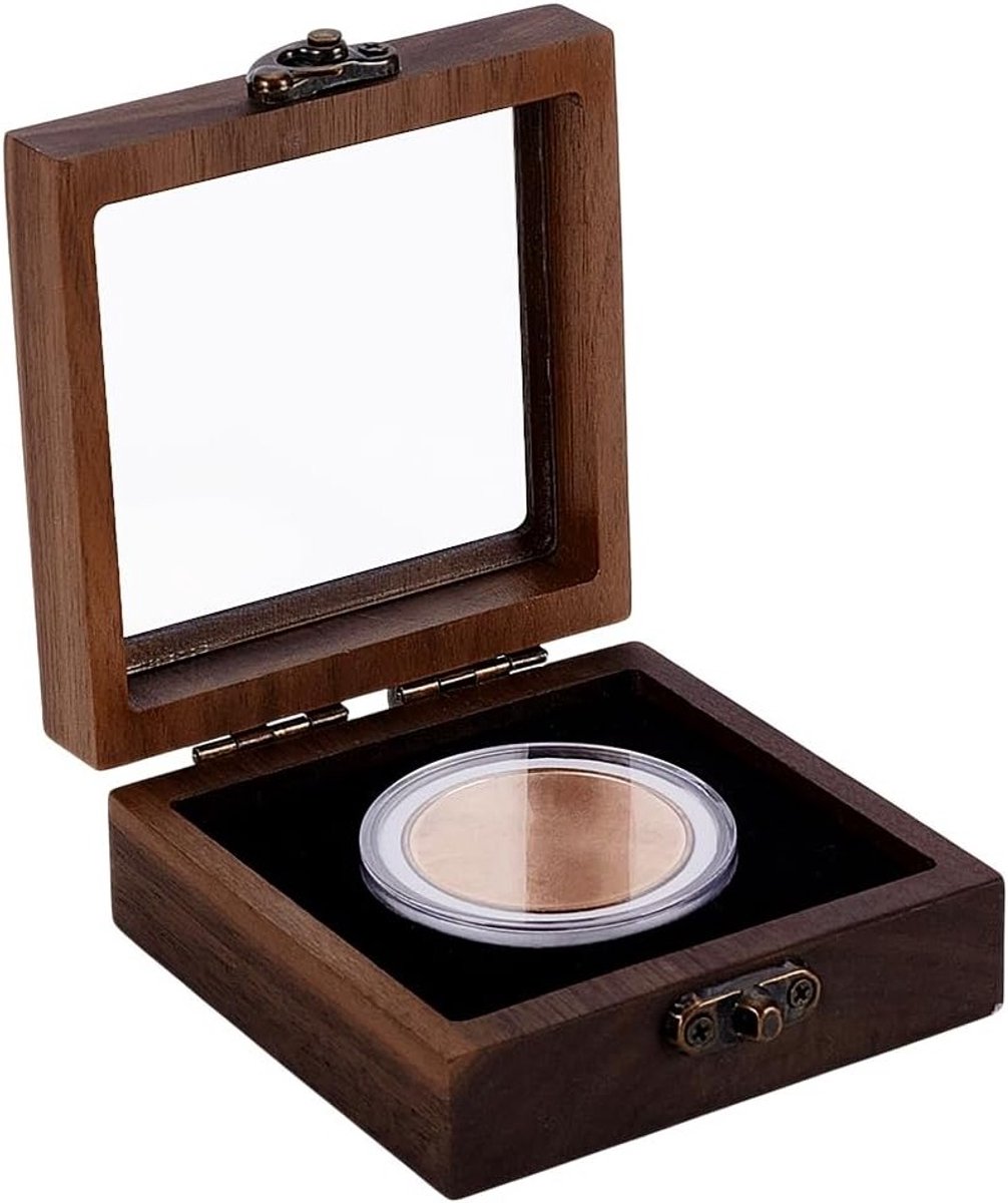 Coconut Brown Challenge Coin Display Box met Transparante Venster, Houten, 90x90x36.5mm, Perfect voor Verzamelobjecten en Decoratie