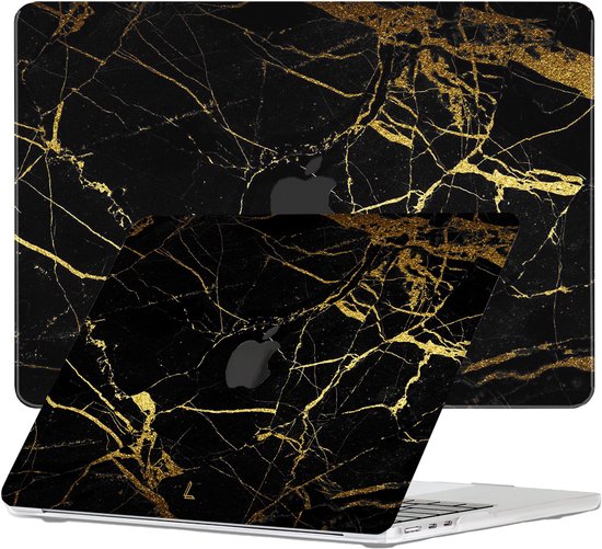 Gouden marmerprint MacBook cover op een gesloten en open MacBook.
