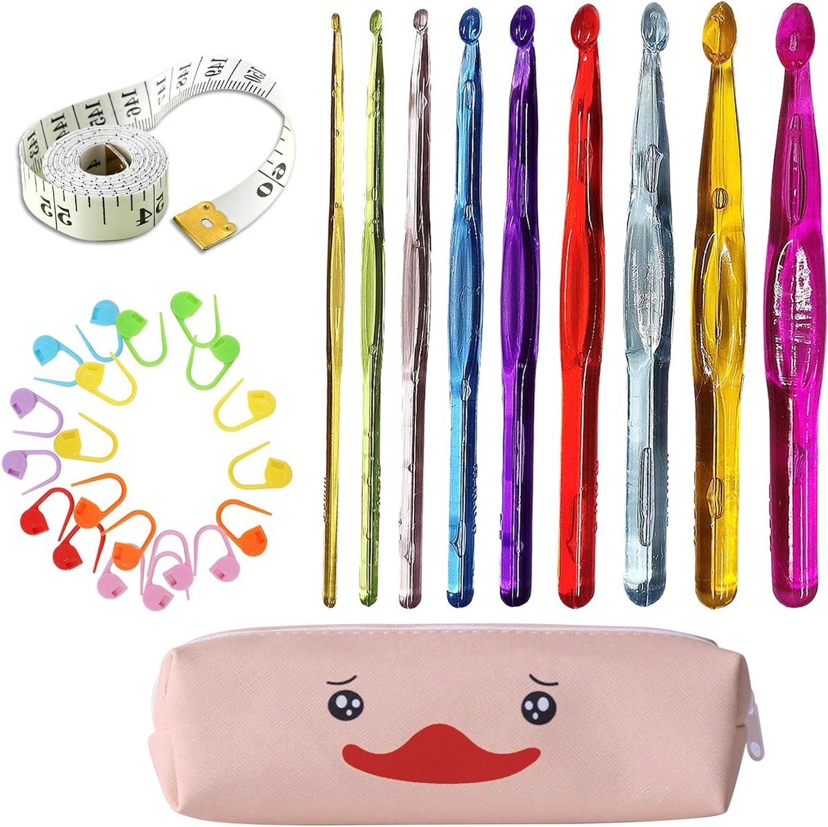 Complete Haaknaalden Set met 31 Stukken, Inclusief 9 Kleurrijke Haaknaalden, 20 Haakmarkeerders en Volledige Maat - Perfect Cadeau voor Beginners en Haakliefhebbers