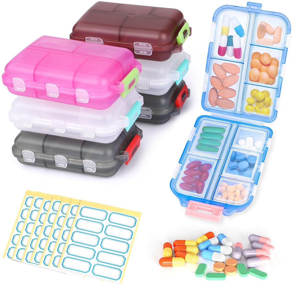 Dailygoods- Medicijnbox 7 Dagen - 10 Vakken - Vochtbestendig - BPA-vrij - Voor Ouderen/Kinderen - 9,5 x 6,4 x 2,5 cm - Pillendoos