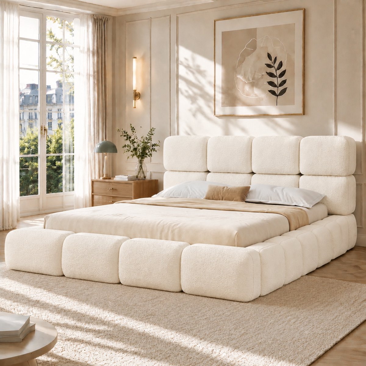 HAUSS SPOLE Gestoffeerd Bed 180x200 cm Zonder Matras - Dubbel Bed Met Hydraulische Opbergruimte En Hoofdbord - Voor Slaapkamer En Logeerkamer - Bouclé - Wit