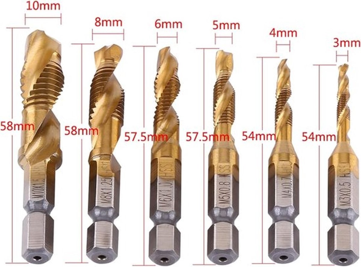 Metrische schroefdraad-tappen, Metaal-schroefdraadboor, Titanium metaalboor, Titanium gecoate zeskantstaaf voor aluminium, dun koper, kunststof en hout, set M3 M4 M5 M6 M8 M10, 1/4 duim