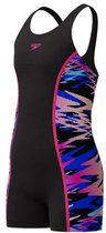 Zwart Speedo badpak met een roze, blauwe en paarse grafische print op de zijkanten.