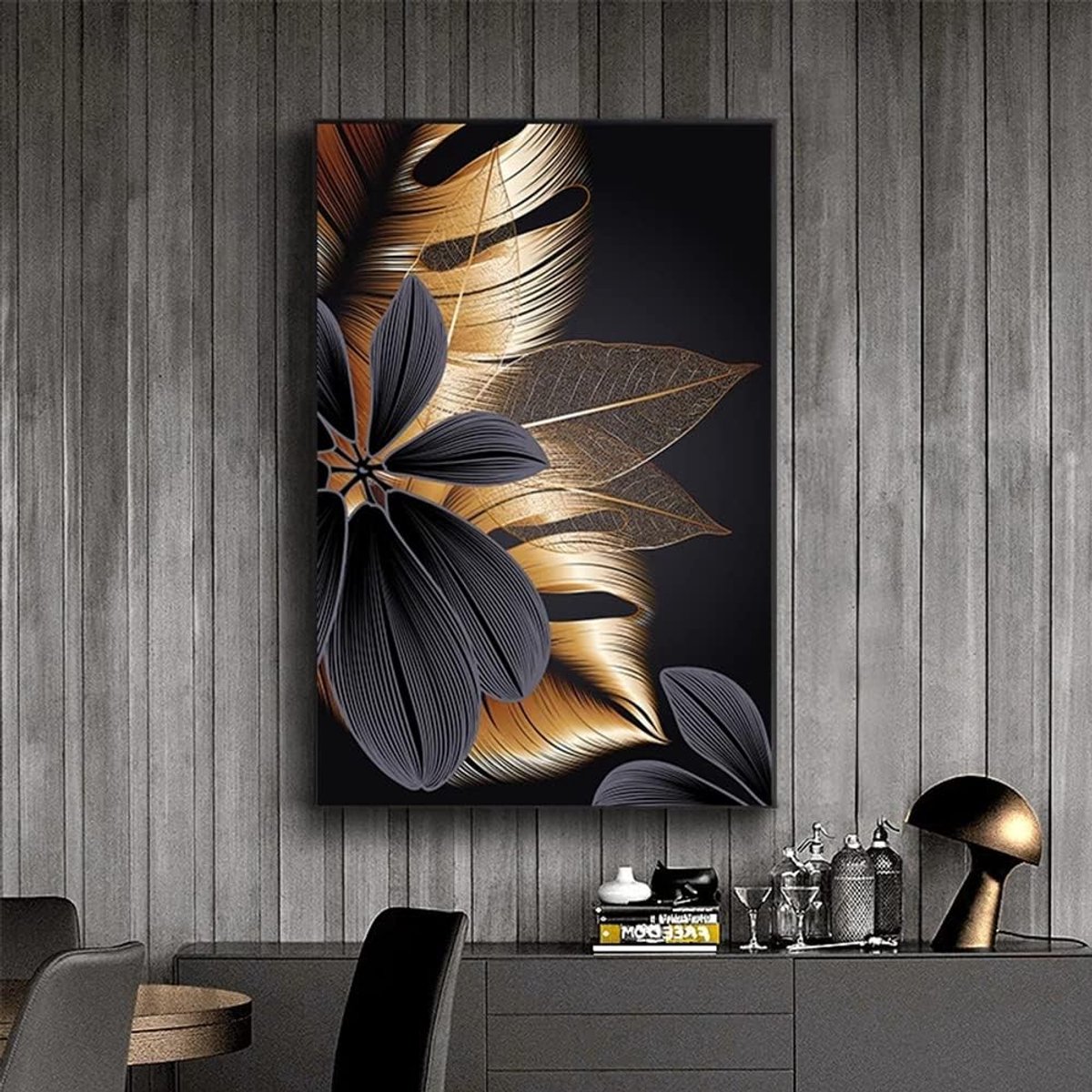 Set van 3 Canvas Posters - Abstract Zwart en Goud Plantenblad - 50x70 cm - Moderne Scandinavische Muurkunst - Wandschilderij voor Woonkamer en Slaapkamer