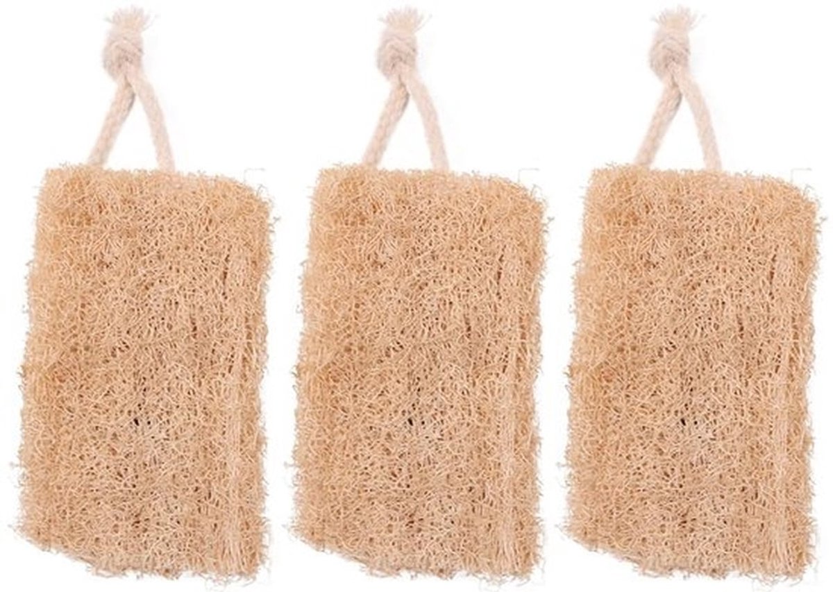 Loofah-spons 3-delig - Duurzaam - Biologisch afbreekbaar - Natuurlijke materialen - Ophangkoord - Zachte peeling - Afwaspons