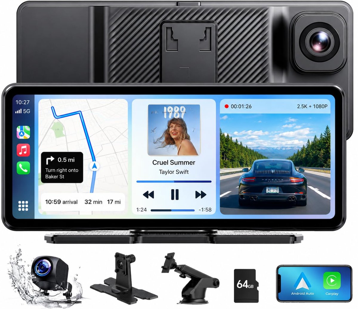 CarPlay Scherm 6,86 Inch met Dashcam – Draadloos Apple CarPlay & Android Auto – 2.5K + 1080P – 64GB SD Kaart