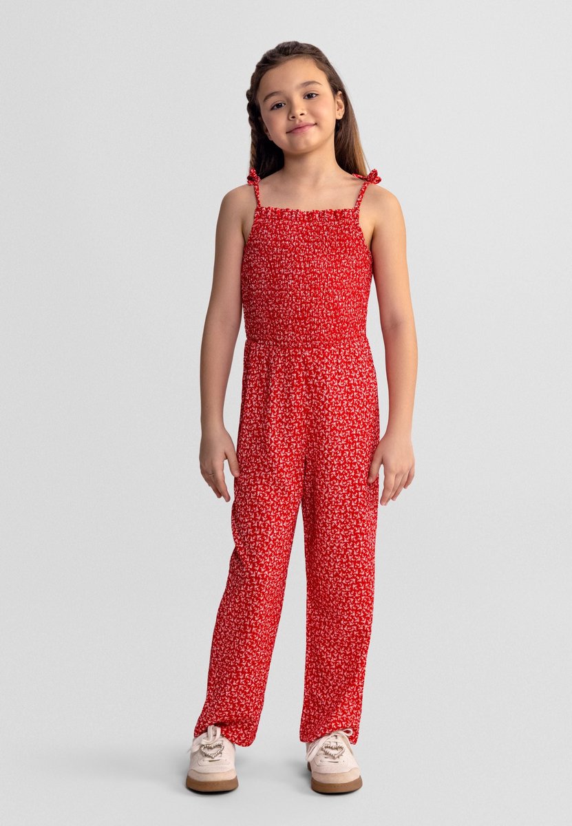 Minoti jumpsuit meisjes met bloemenprint en strikbandjes - rood