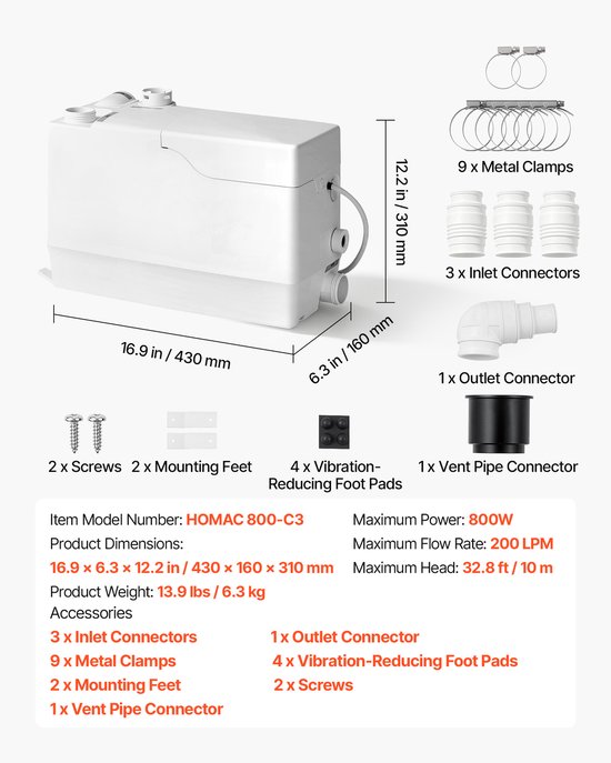 VEVOR Pompstation 800 W 12000 L/U Afvalwaterpompstation met Een Opvoerhoogte van 10 m, Afvalwaterpomp met 3 Inlaten voor Afvalwaterafvoer in Kelder, Keuken, Gootsteen, Douche, Bad en Wasruimte van Vevor — afbeelding 3