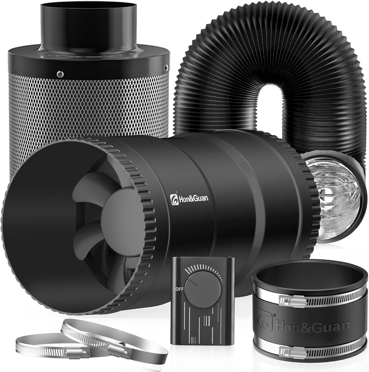 Complete Ventilatieset 150 mm met Inline Ventilator, Actieve Koolstoffilter en Snelheidsregelaar voor 60 x 60 cm en 80 x 80 cm Kweekruimtes, Ideaal voor Luchtcirculatie en Geurfiltering