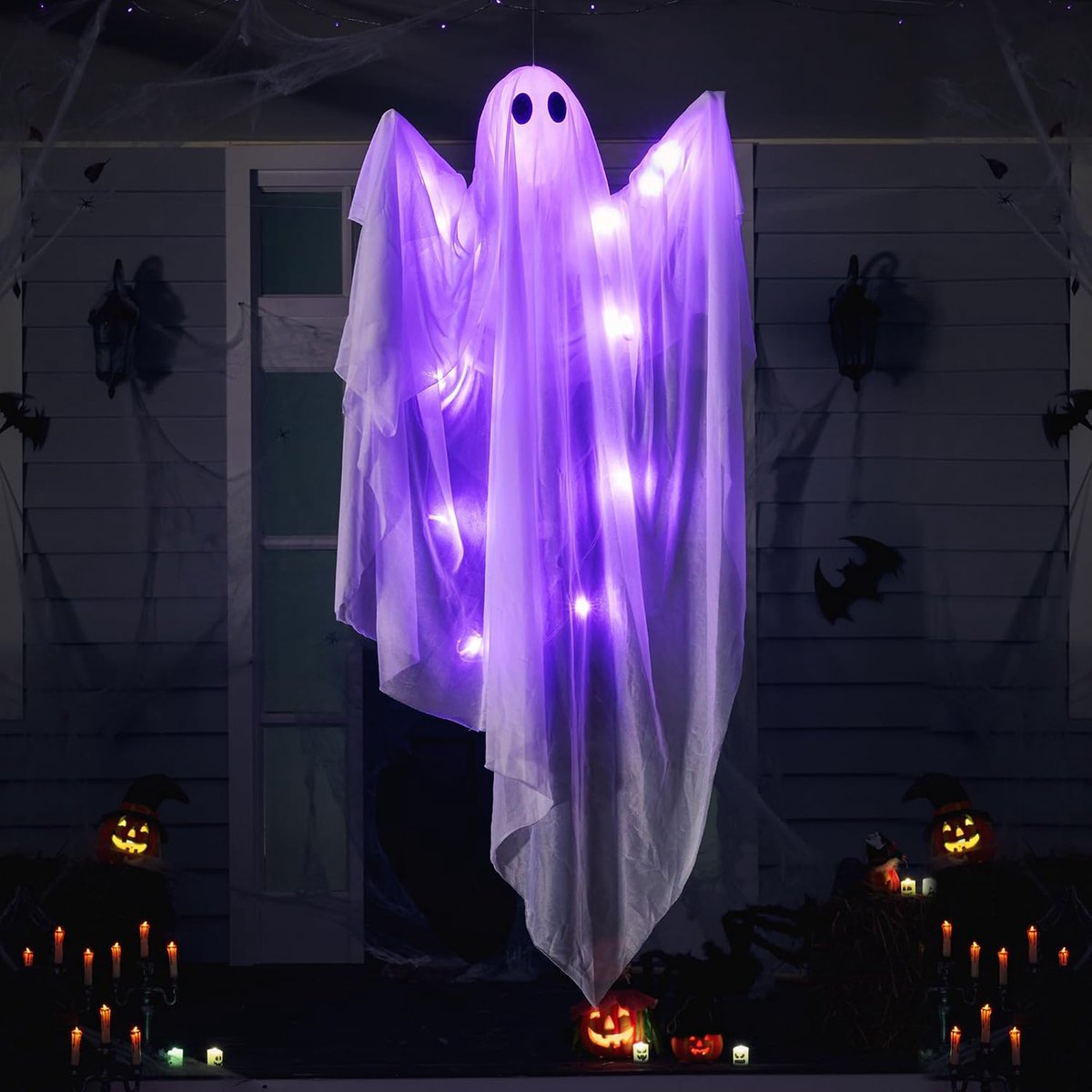 Daity Halloween verlichte hangende spookslinger - 119 cm witte spook - met warmwitte LED-verlichting - Geschikt voor voortuinen, terrassen, gazons, tuinen en feestdecoraties; kan zowel binnen als buiten worden gebruikt.