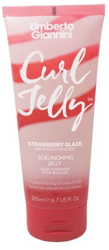 Umberto Giannini Curl Jelly Scrunching Jelly in Strawberry Glaze Limited Edition Scent. De tube is roze met witte en rode strepen.