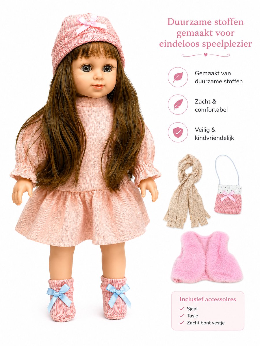 CUFAN - Luxe Babypop 40cm - Maakt Geluid - Zachte Stoffen & Vinyl Lichaamsdelen- Zacht Lange Haar - incl. Accessoires