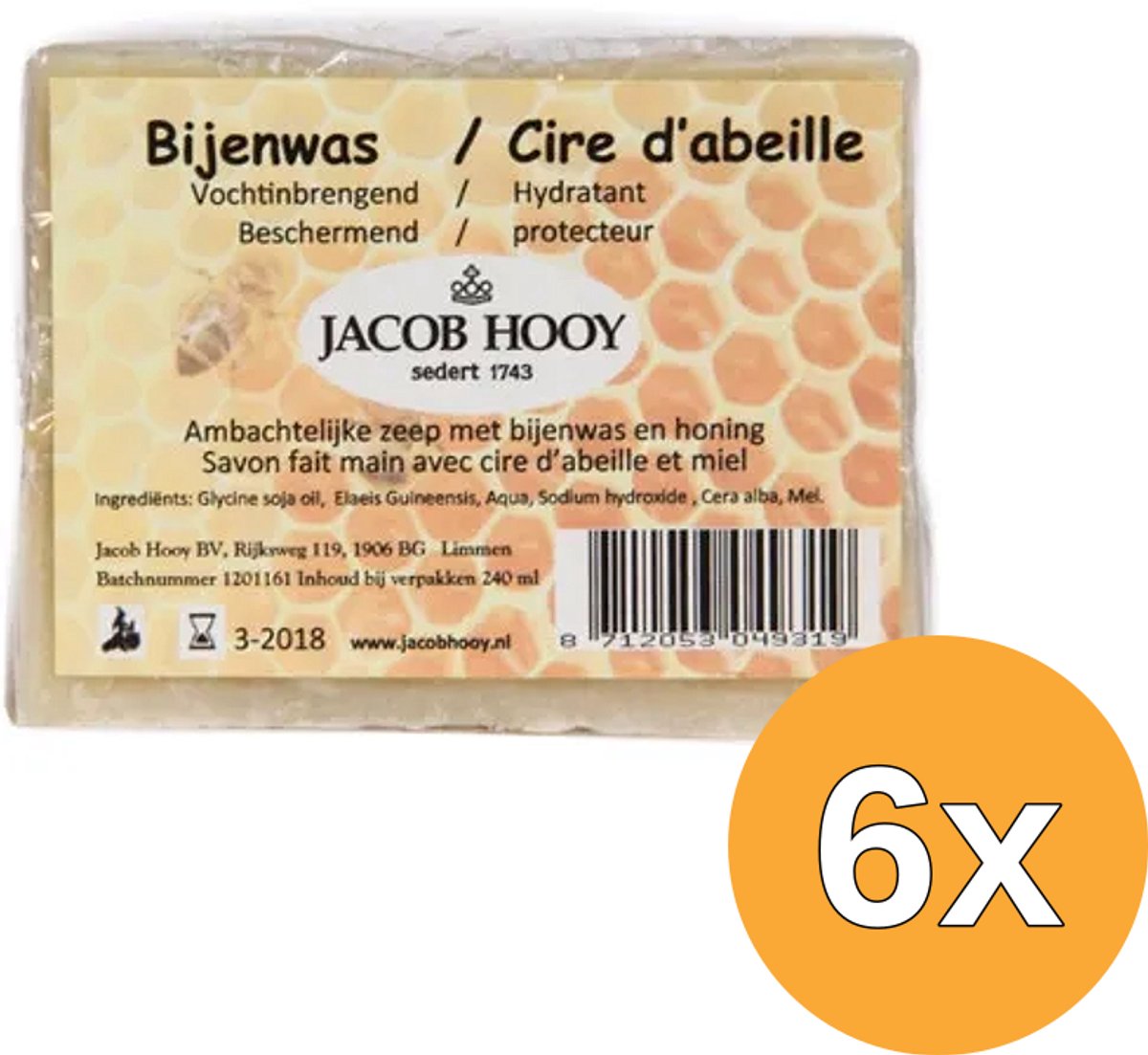 6x Jacob Hooy Bijenwas Zeep Niet Vloeibaar (240 ml)